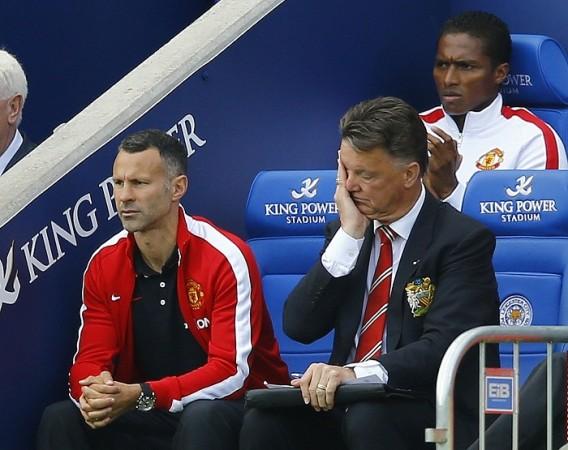 Ryan Giggs and Louis Van Gaal react during the English Premier League game against Leicester City Ryan Giggs Louis Van Gaal Manchester United