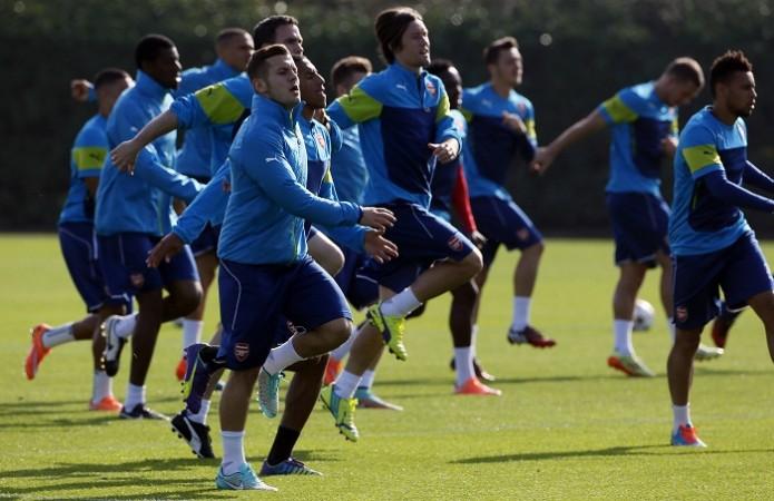 Arsenal players take part in a training session ahead of their Champions League Group D clash against Galatasaray Arsenal