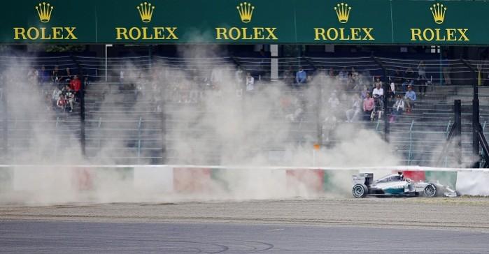 Lewis Hamilton of Mercedes crashed into the barriers during the third practice session of the Formula One Japanese Grand Prix Mercedes Lewis Hamilton