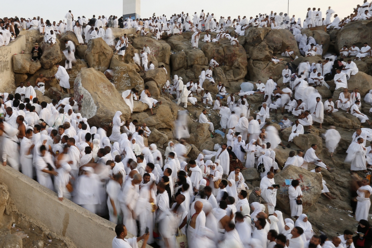 Muslim pilgrims gather to pray on Mount Mercy during Haj pilgrimage