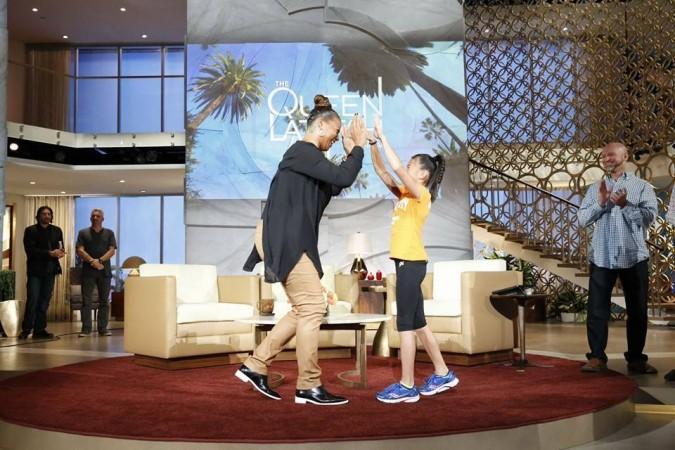 Kaylyn Mintz makes an appearance at Queen Latifah little girl beats army cadet in push up challenge