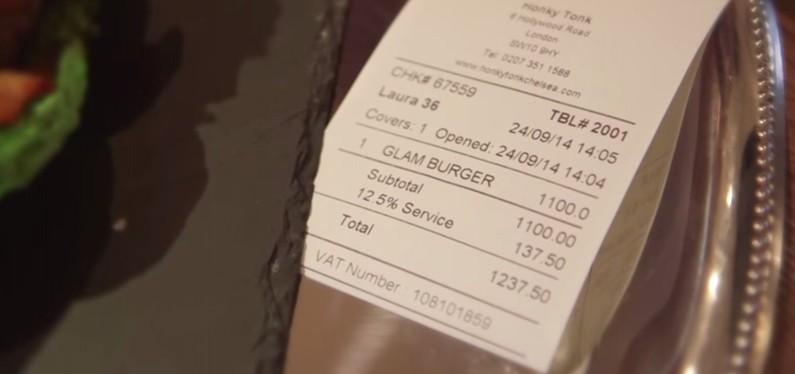 Receipt for Glamburger Glamburger, world's most expensive burger