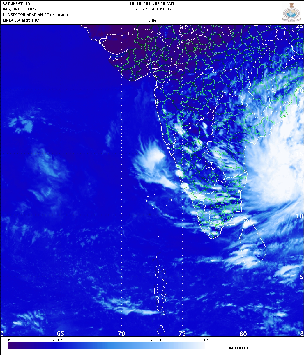 Cyclonic Storm Approaching Indian southern coast, where it will make landfall on 12 October.