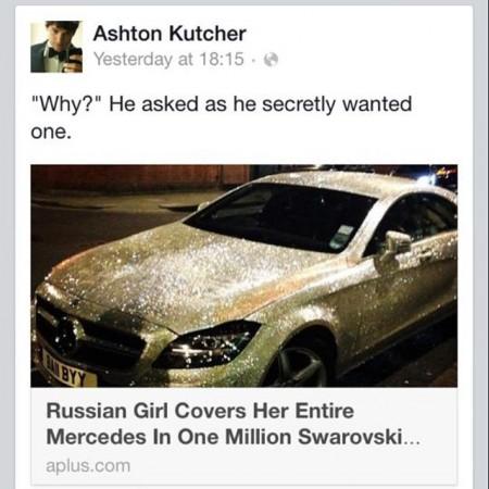Ashton Kutcher posts about his desire to own a car encrusted with 1 million Swarovski crystals Ashton Kutcher posts about his desire to own a car encrusted with 1 million Swarovski crystals
