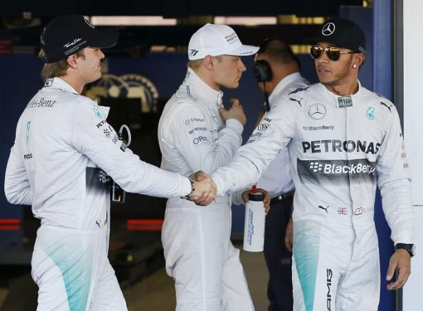 Nico Rosberg and Lewis Hamilton shake hands after the Russian GP qualifying session Lewis Hamilton Nico Rosberg Mercedes
