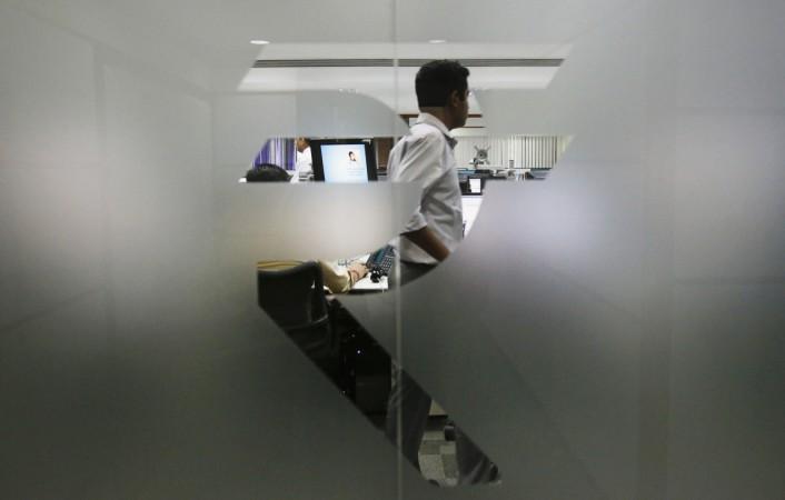 The Indian Rupee symbol on a Mumbai trading firm floor. Rupee