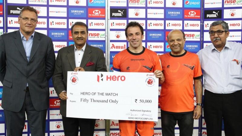 Delhi Dynamos striker Del Piero poses after being named the man of the match during his side's clash against Pune City Alessandro Del Piero