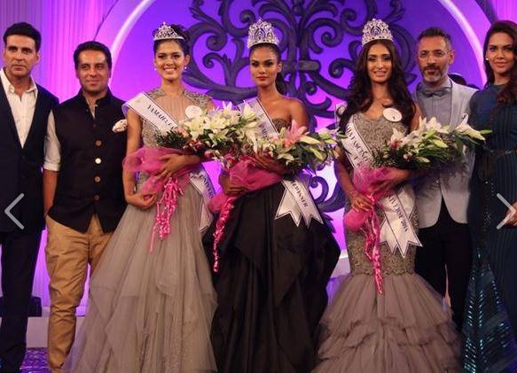 Miss Diva Noyonita Lodh, first runner-up Alankrita Sahai and second runner-up Asha Bhat with judges Akshay Kumar, former Miss India and actress Esha Gupta and designer duo Shantanu and Nikhil Miss Diva 2014