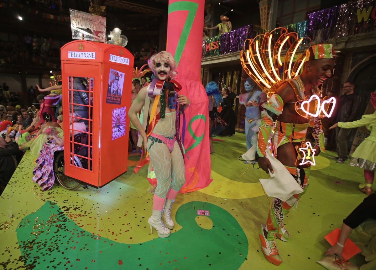 Contestants take part in the swimwear portion of the Alternative Miss World contest at Shakespeare's Globe Theatre in London, October 18, 2014. Swimwear portion of the Alternative Miss World contest at Shakespeare's Globe Theatre in London.