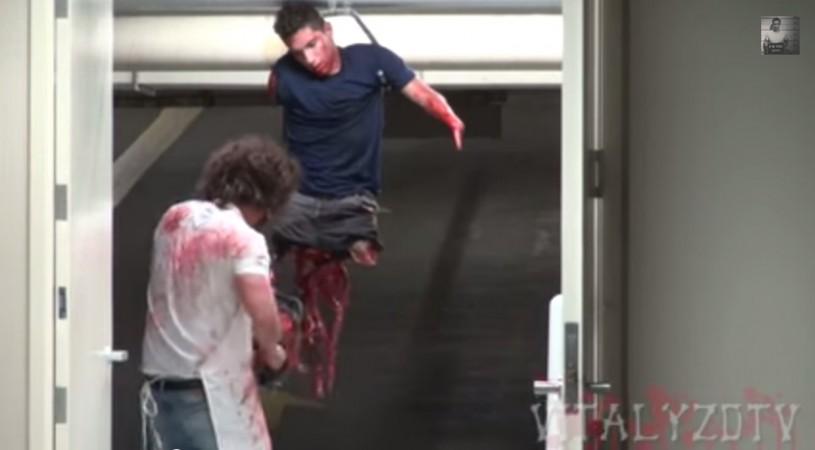 A scene from the Halloween horror-prank video "Chainsaw Massacre" .