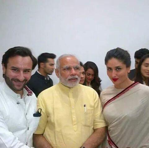 Saif Ali Khan with wife Kareena Kapoor Khan posing with PM Modi at the inaugural event Selfie with NaMo