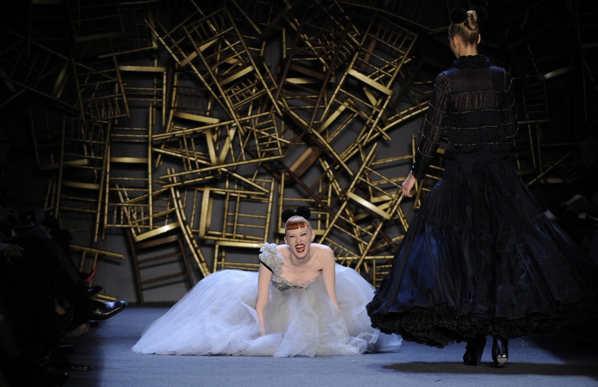 Model falls during fall collection show at the New York Fashion Week