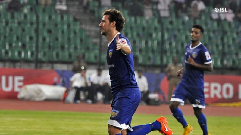 Elano celebrates after scoring Chennaiyin FC's first goal against Mumbai City Elano