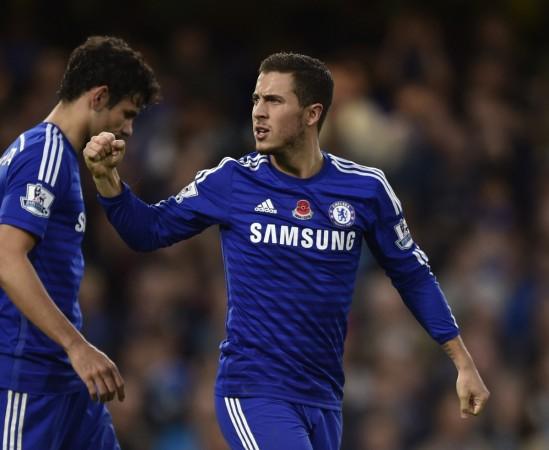 Chelsea's Eden Hazard celebrates after scoring a goal against Queens Park Rangers during their English Premier League match at Stamford Bridge Chelsea