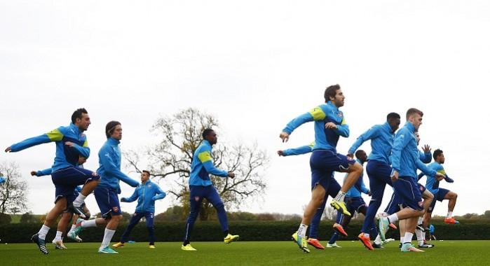 Arsenal players take part in a training session Arsenal