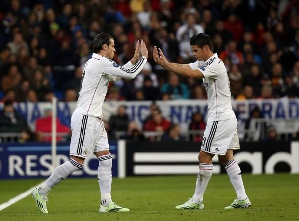 Real Madrid forward Gareth Bale makes his return from injury as he is substituted in for James Rodriguez in the Champions League game against Liverpool Gareth Bale James Rodriguez Real Madrid