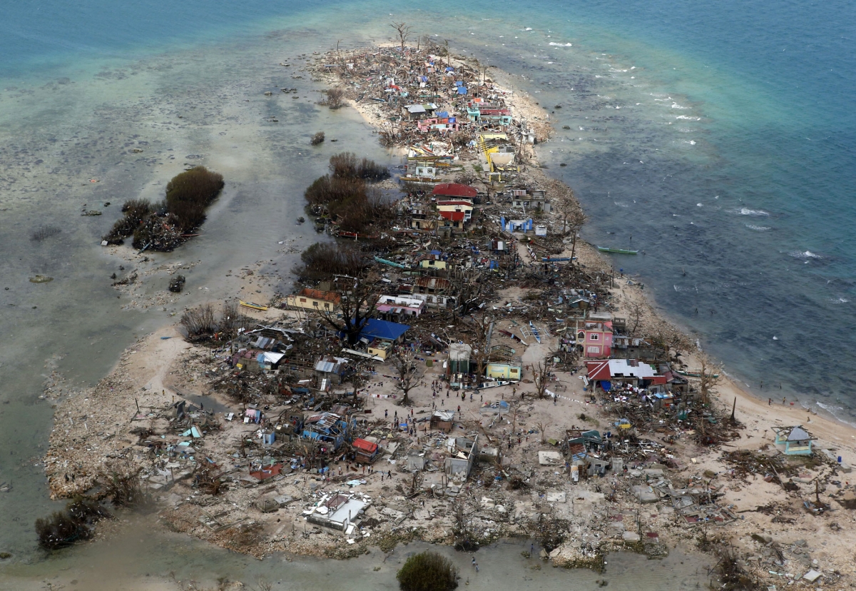 aerial view of a coastal town, devastated by super Typhoon Haiyan
