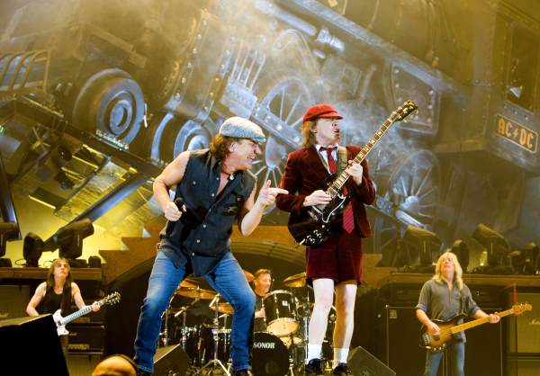AC/DC performing at a venue with Phil Rudds on drums.