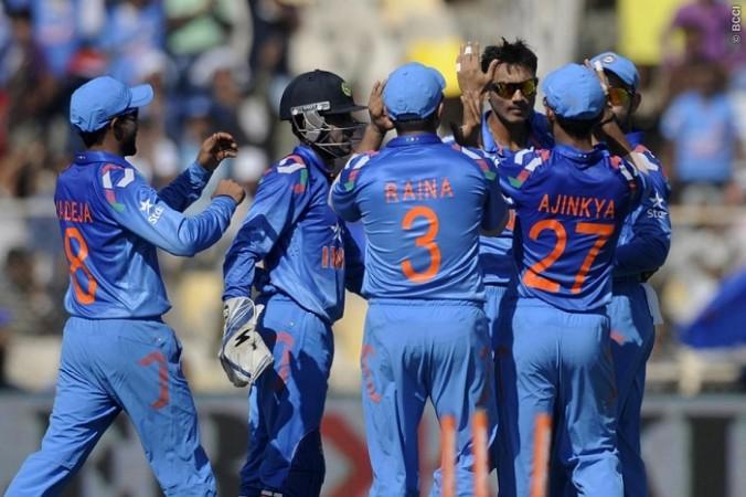 India spinner Akshar Patel celebrates with his teammates after picking up a Sri Lanka wicket Akshar Patel India