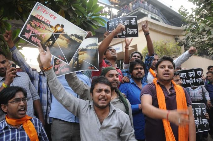 Hindu Sena members protest against the Kiss of Love campaign. Kiss of Love