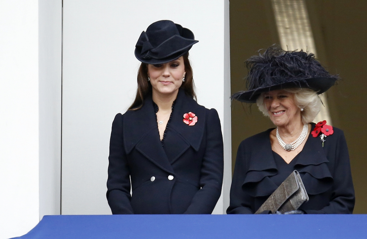 Britain's Catherine (L), Duchess of Cambridge, and Camilla, Duchess of Cornwall, attend the annual Remembrance Sunday ceremony at the Cenotaph in London November 9, 2014. Royalty Catherine and Camilla
