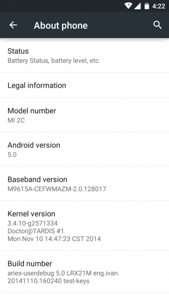 Android Lollipop 5.0 Screenshot on Xiaomi MI2