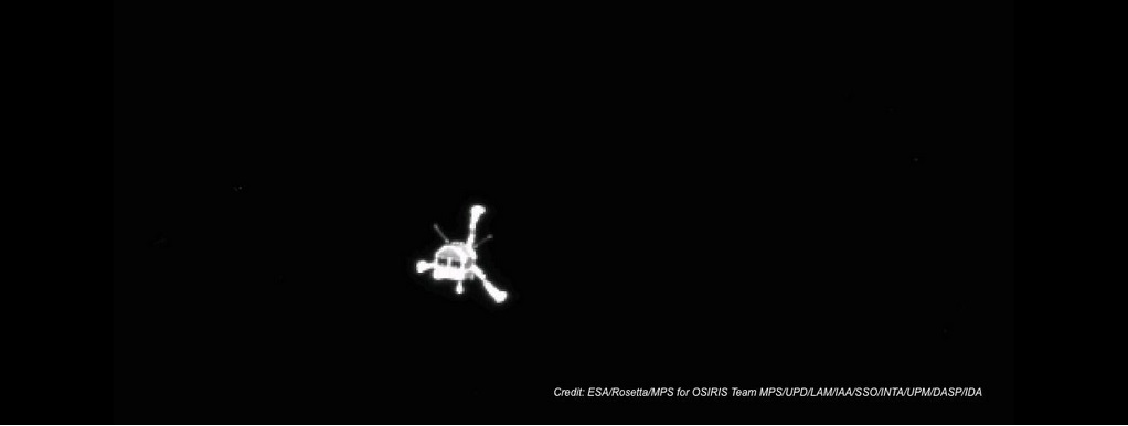 This is an image of the Philae lander taken by the Rosetta mothership after separation. Comet