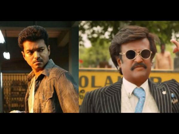 A collage of Vijay and Rajinikanth.