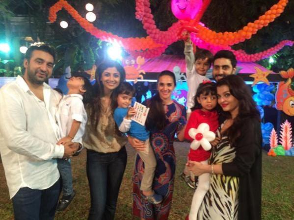 Shilpa Shetty and Raj Kundra with their kid; Tara Sharma Saluja with her twins posing with Abhishek, Aishwarya and birthday girl Aaradhya Bachchan's party Aaradhya Bachchan Birthday: Aamir, Hrithik, Shilpa Shetty and Other Celebs' Kids Attends Birthday Bash