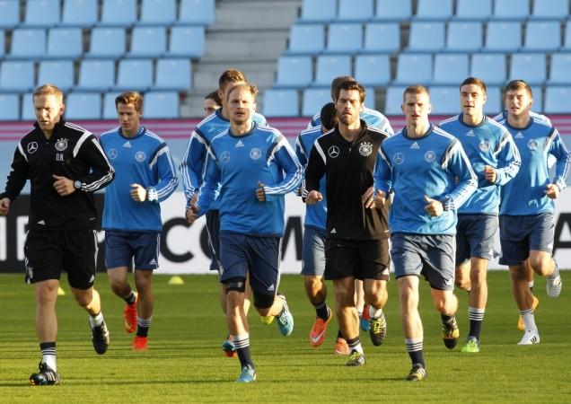 Germany players take part in a training session at Balaidos stadium in Vigo. Germany