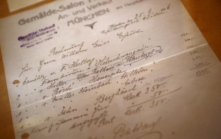 The original bill of sale for a watercolour of the old registry office in Munich by former German dictator Adolf Hitler is displayed at Weidler auction house in Nuremberg on 18 November 2014. Original bill for Hitler's painting
