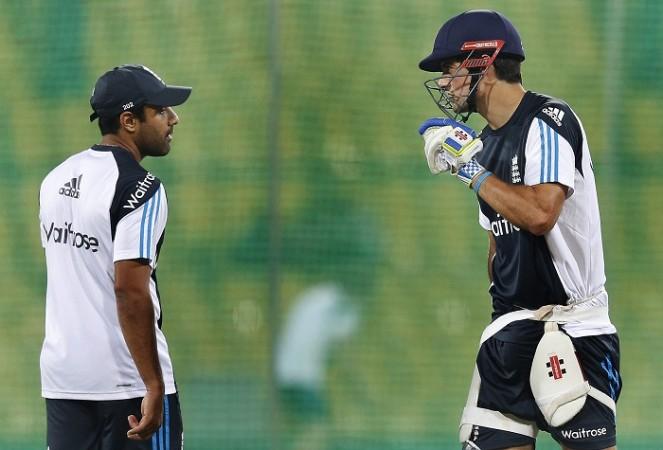 England skipper Alastair Cook (R) and Ravi Bopara have a conversation during a net session Ravi Bopara Alastair Cook England