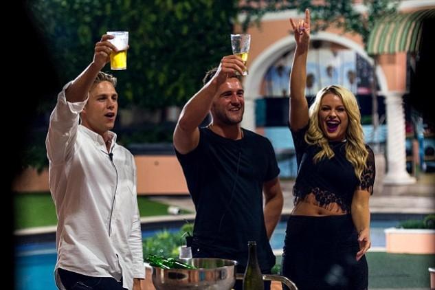 A picture of Ryan Ginns, Travis Lunardi and Skye Wheatley from 'Big Brother Australia' 2014 Grand Finale