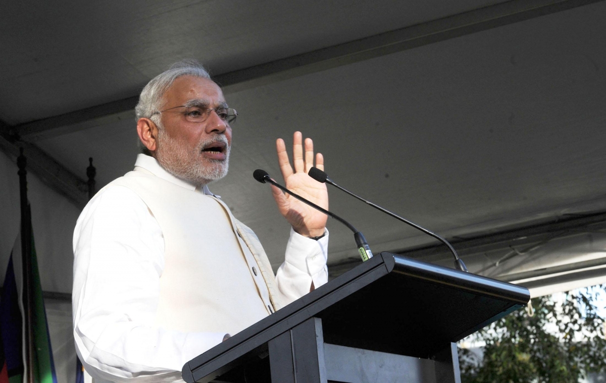 Indian Prime Minister Narendra Modi giving a speech. Modi