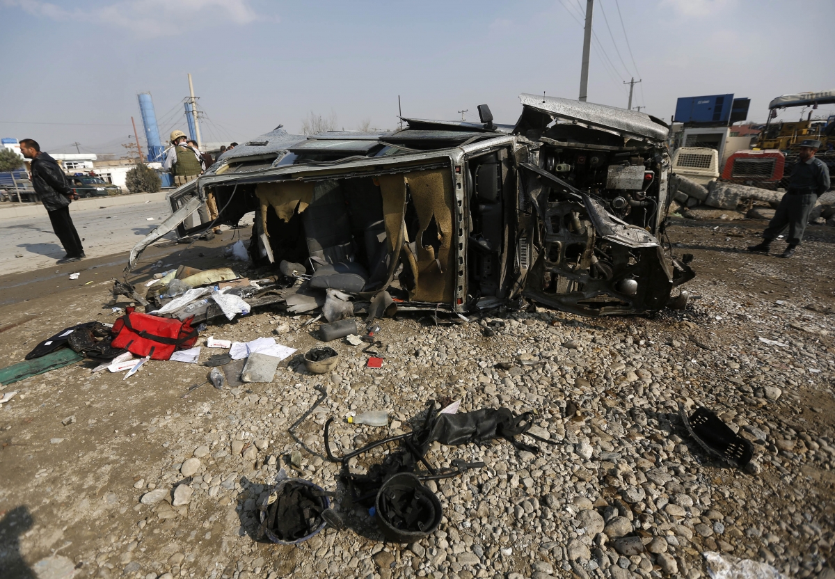 The wreckage of a British embassy vehicle after a suicide attack in Kabul, November 27, 2014. Kabul Suicide Attack