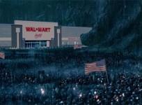 This 'Black Friday' meme shows an ominous depiction of a massive Walmart retail shop being thronged by possibly hundreds of thousands of would-be-shoppers waiting outside with American flags