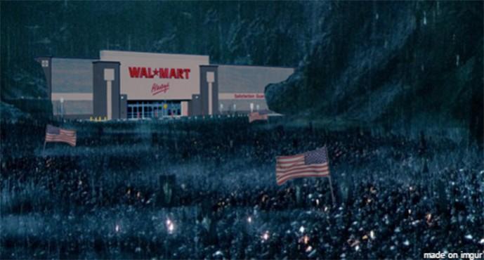 This 'Black Friday' meme shows an ominous depiction of a massive Walmart retail shop being thronged by possibly hundreds of thousands of would-be-shoppers waiting outside with American flags This 'Black Friday' meme shows an ominous depiction of a massive Walmart retail shop being thronged by possibly hundreds of thousands of would-be-shoppers waiting outside with American flags