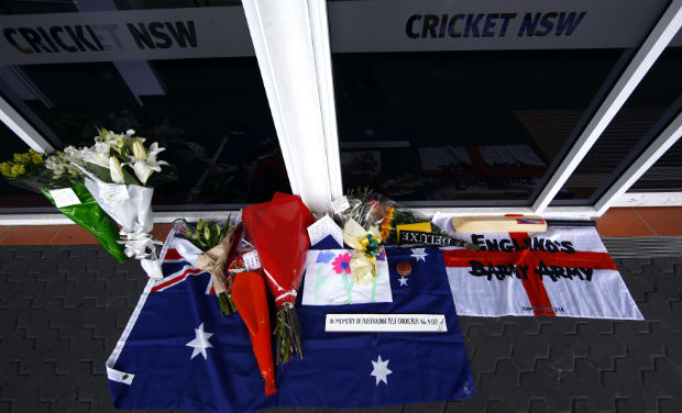 Messages and flowers of tribute to Phillip Hughes outside the main gates of the Sydney Cricket Ground (SCG). Phillip Hughes