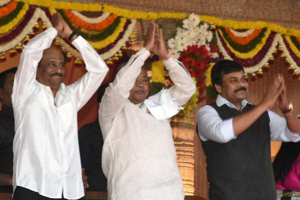 Rajinikanth, CM Siddaramiah and Chiranjeevi. Rajinikanth, CM Siddaramiah & Chiranjeevi