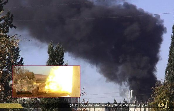 ISIS military tanks attacking Kurdish position inside Kobane from area near Turkey