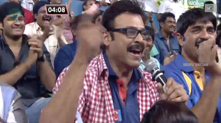 Victory Venkatesh cheering the crowd at the stars' Kabaddi match held by Memu Saitam.