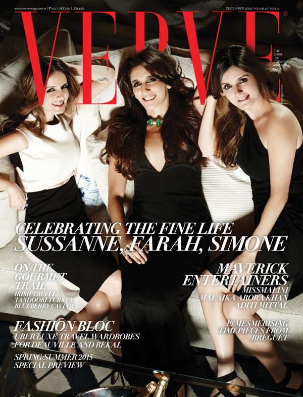 Farah Khan Ali, Simone Arora and Sussanne Khan on the front cover of Verve Farah Khan Ali, Simone Arora and Sussanne Khan