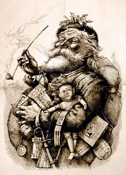 Thomas Nast immortalized Santa Claus' current look with an initial illustration in an 1863 issue of Harper's Weekly as pictured. Thomas Nast immortalized Santa Claus' current look with an initial illustration in an 1863 issue of Harper's Weekly