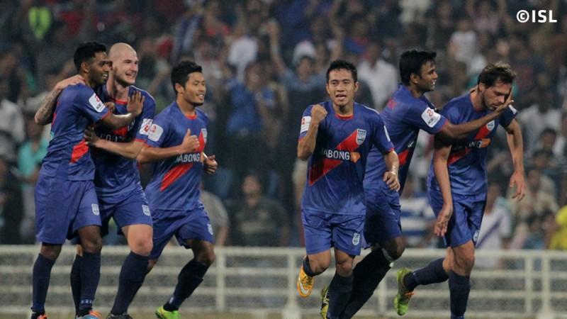 Mumbai City FC players celebrate Manuel Friedrich's goal against Atletico de Kolkata at the DY Patil Stadium. Mumbai City FC
