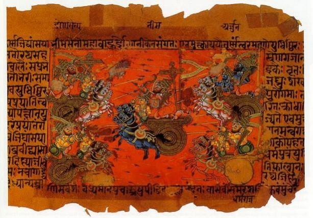 A manuscript illustration of the battle of Kurukshetra, fought between the Kauravas and the Pandavas, recorded in the Mahabharata. Bhagavad gita