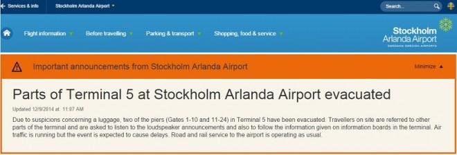 An evacuation message posted on the website of the Arlanda Airport.
