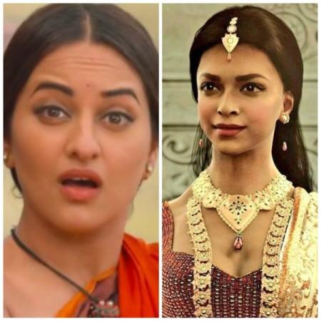 A collage of Sonakshi Sinha and Deepika Padukone. Sonakshi Sinha Versus Deepika Padukone