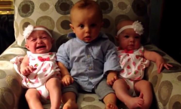 The video showing the comical moment a baby boy gets into a spin as he encounters twins for the first time. The video showing the comical moment a baby boy gets into a spin as he encounters twins for the first time.