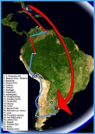 Map of Guevara's trip with Alberto Granado. The red arrows correspond to trips by airplane, the last two of which Guevara took alone. Map of Che Guevara's trip with Alberto Granado depicted in 'The Motorcycle Diaries'