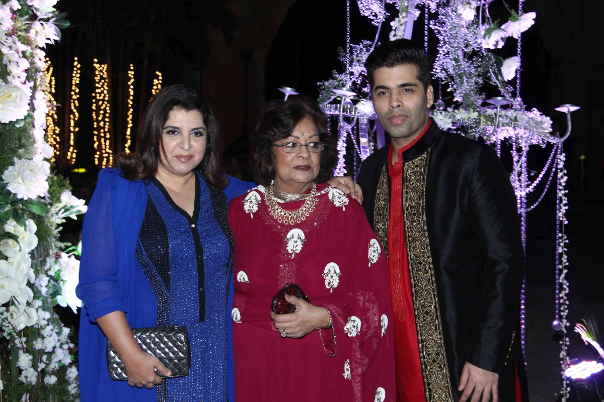 Karan Johar with mother and Farah Khan Stars Shine at Designer Manish Malhotra's niece Sangeet Ceremony